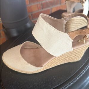 Adam Tucker Beige Canvas Espadrille Wedge Sandals
